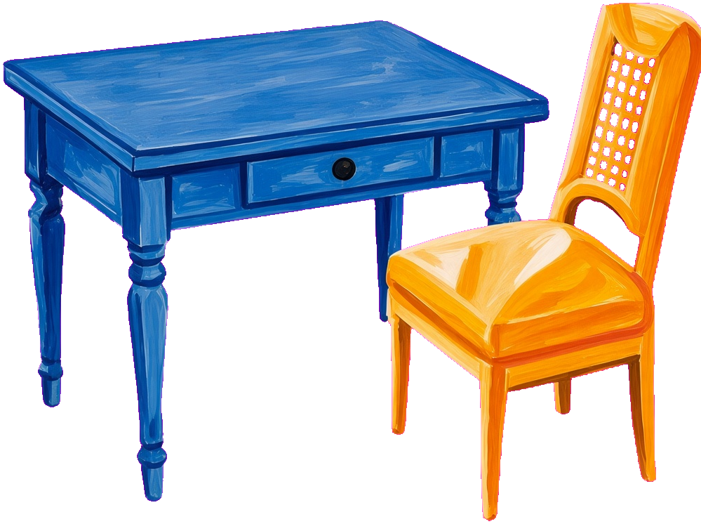 A blue writing desk and a yellow chair.