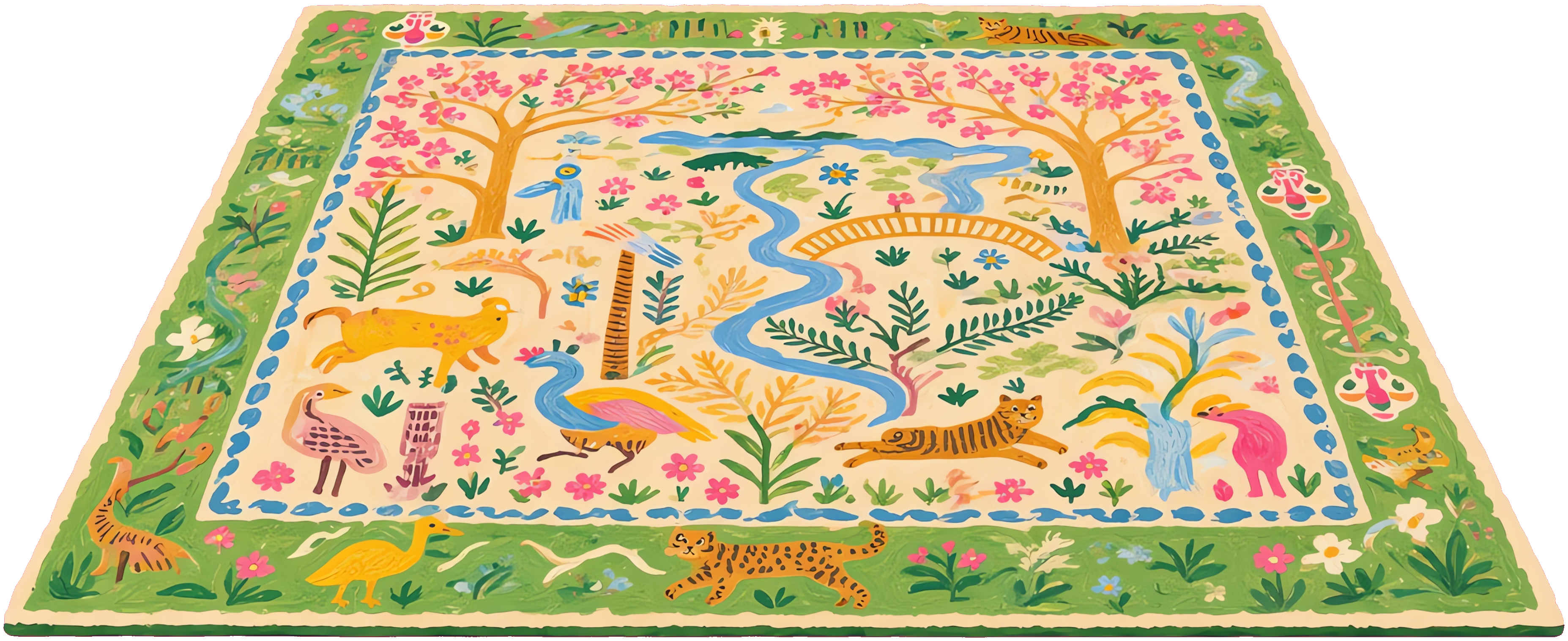 A garden rug with trees, animals, and flowers.