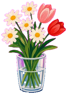 A glass of daisies and tulips.