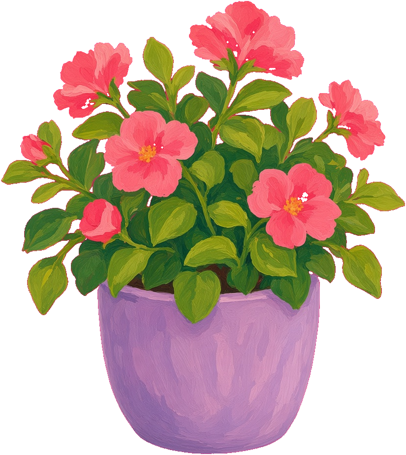 A flowering plant in a lilac pot.