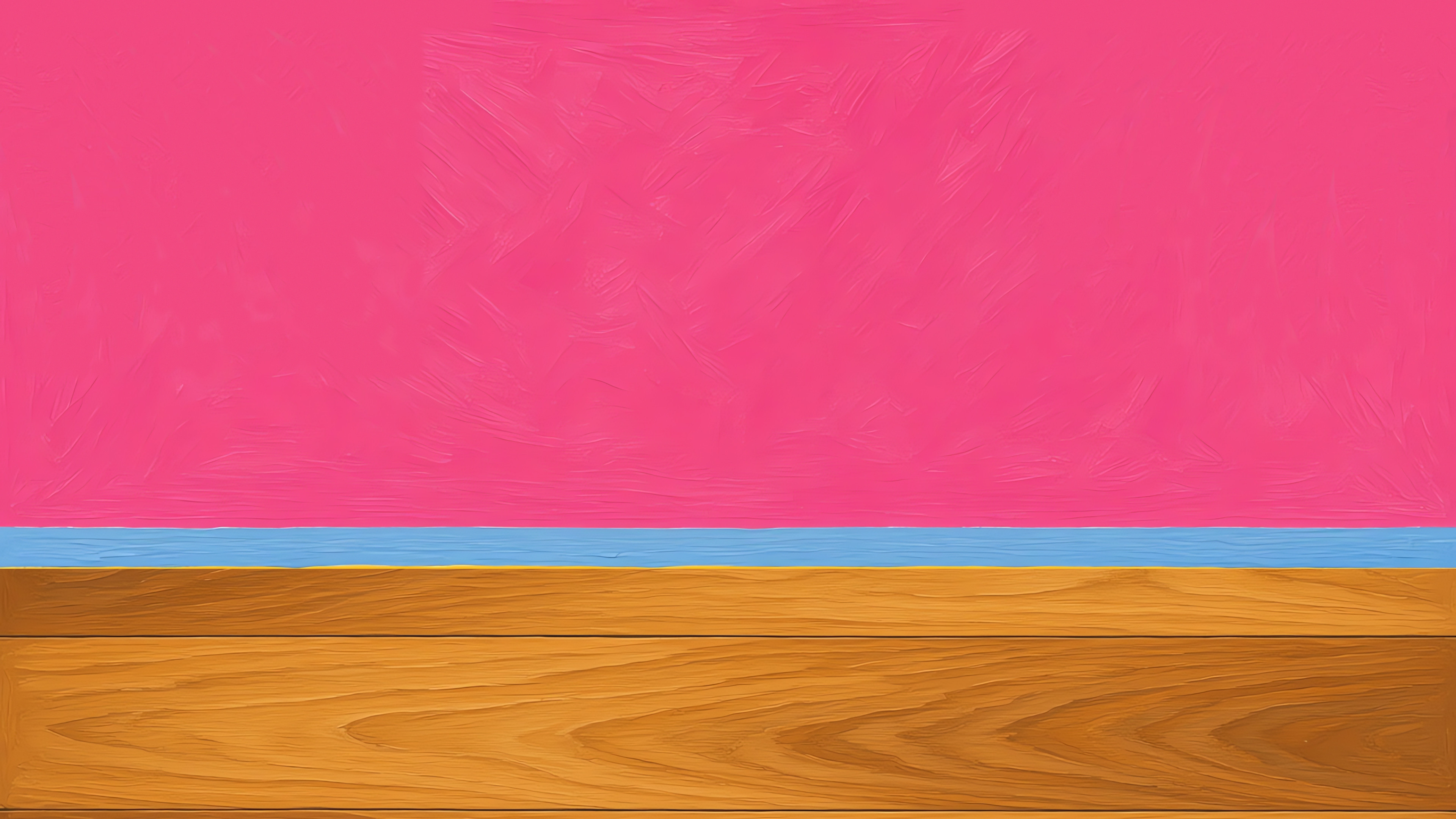 A rose wall and a hardwood floor.