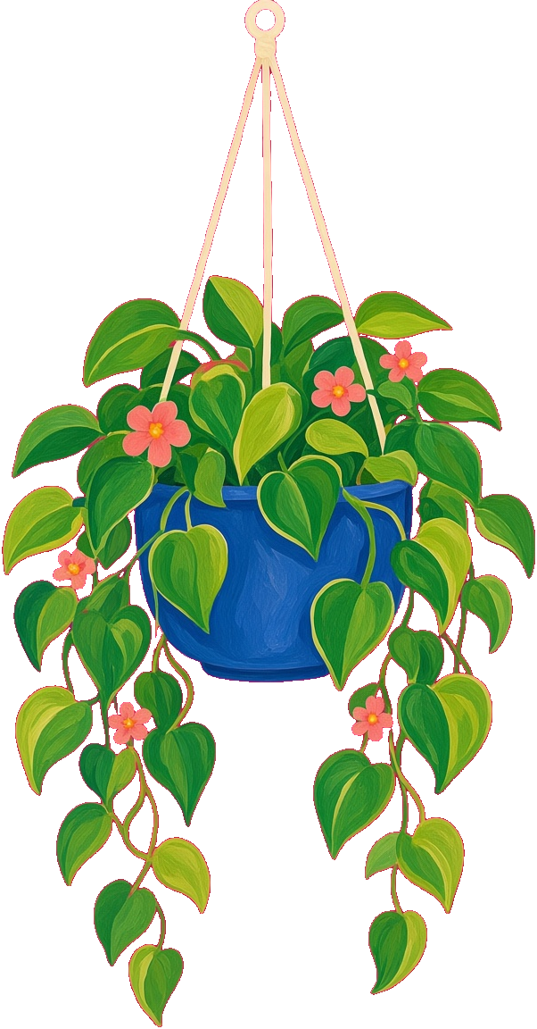 A hanging plant in a blue pot.